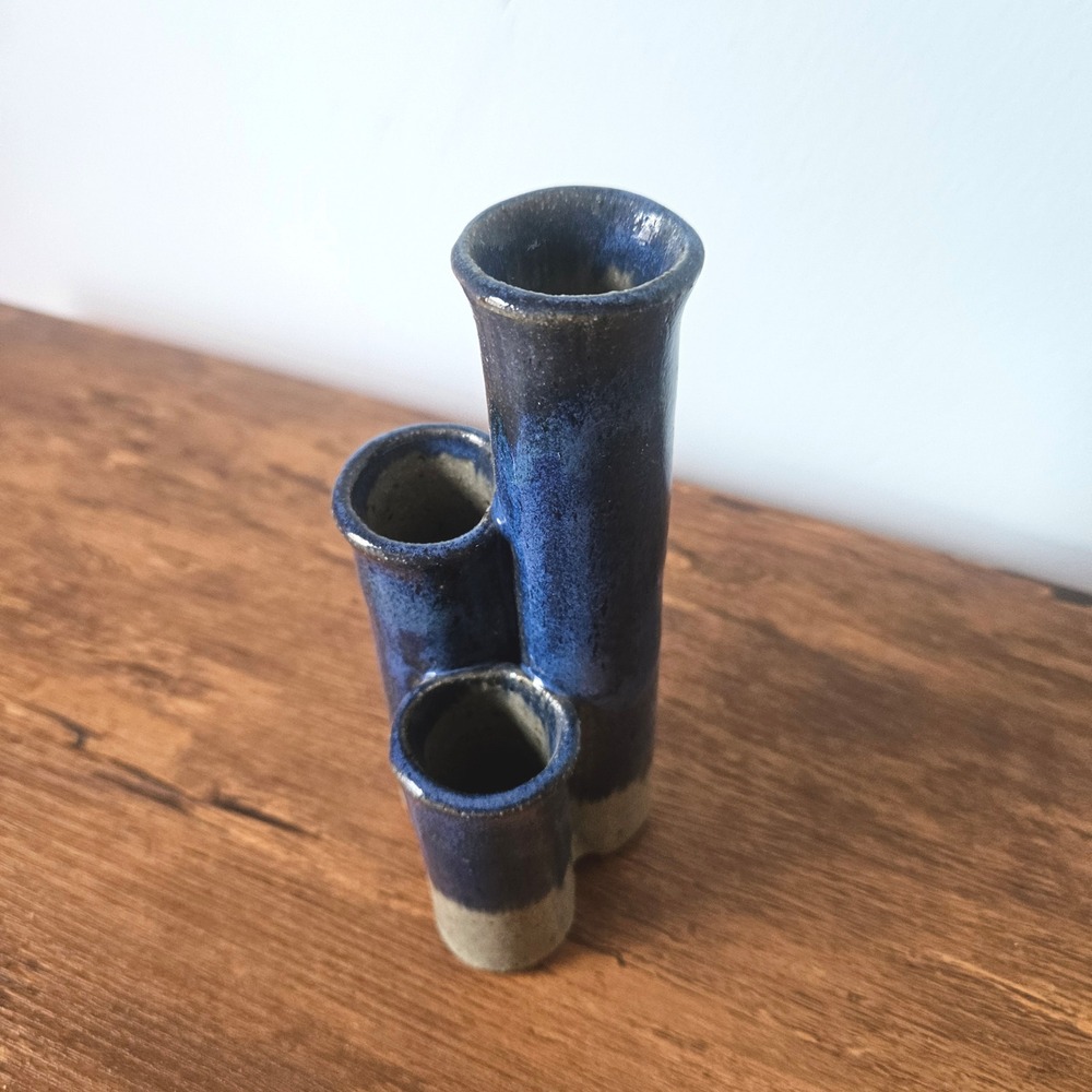 Studio Pottery Triple Cylinder Bud Vase Blue Glazed Artisan Ceramic Handmade - Picture 3 of 4